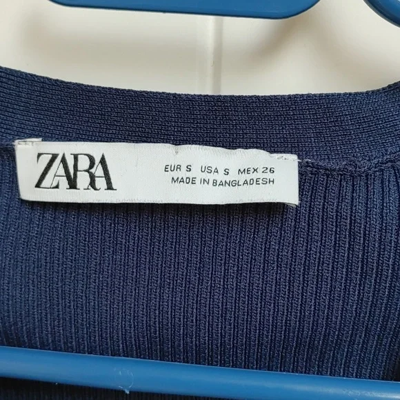ZARA dark blue ribbed cropped long sleeves button up top shirt Small - Picture 4 of 8